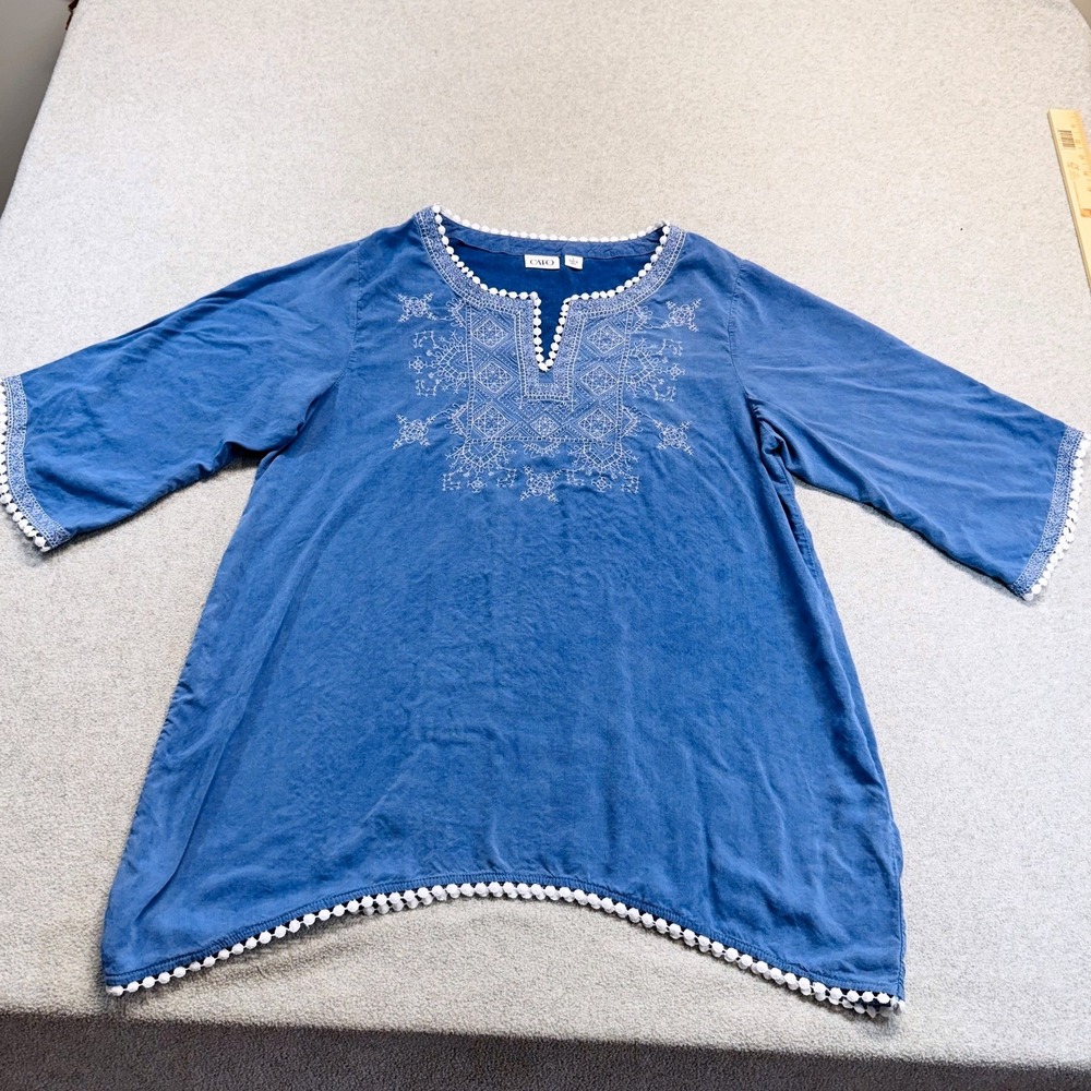 Cato Blue Embroidered Boho Tunic‎ Top Pom Trim Peasant Blouse Size L Festival